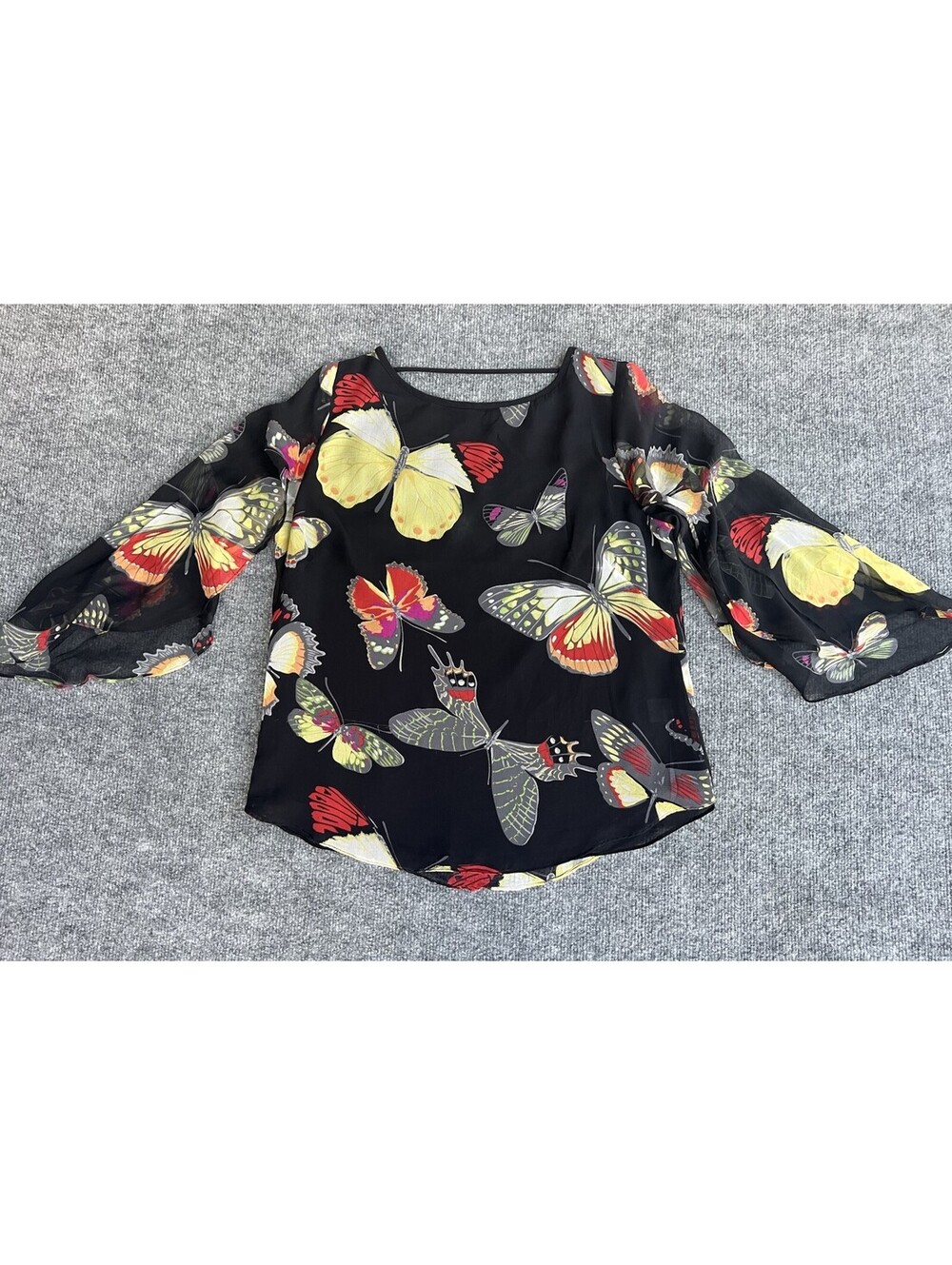 Single Los Angeles Women’s Black Silk Butterfly Print Sheer Bell Sleeve Blouse M